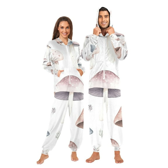 White Mushrooms Adult Onesie Pajamas Slim Fit Christmas One Piece Suit Pjs for Women and Men Hooded Zipper