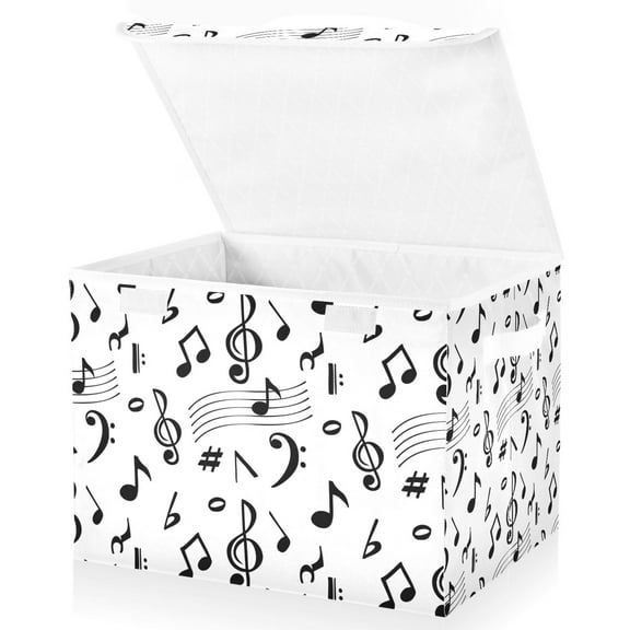 White Music Notes Large Lidded Storage Bin Foldable Storage Boxes Cubes Baskets Lids with 2 Handles for Home Bedroom Office 16.5x12.6x11.8inch