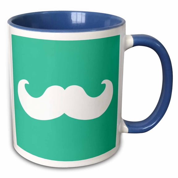 3drose, White Mustache on Aqua Teal Turquoise - Ironic Hipster Moustache - Humorous - Fun - Silly - Funny, 15oz Two-tone Blue Mug