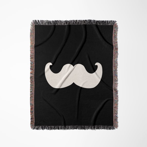 White Mustache On Black - Ironic Hipster Moustache - Humorous - Fun - Whimsical - Silly - Funny, Woven Blanket