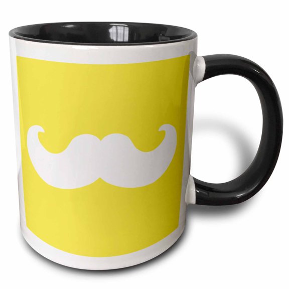3drose, White Mustache on Mustard Yellow - Ironic Hipster Moustache - Humorous - Fun - Whimsical - Funny, 11oz Two-tone Black Mug