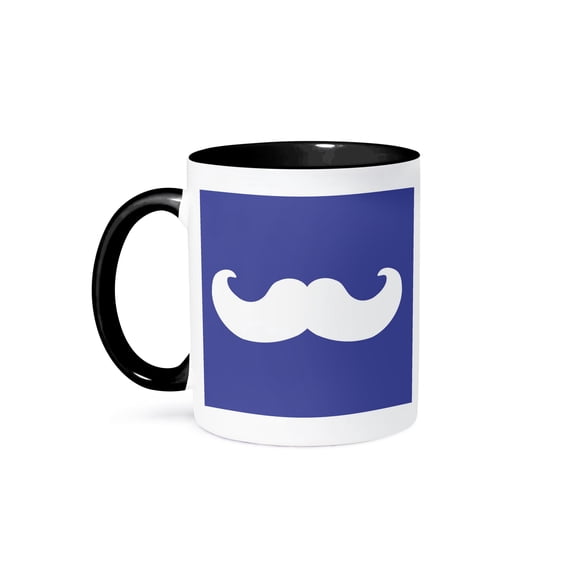 3dRose, White mustache on navy blue - Ironic hipster moustache - Humorous - Fun - Whimsical - Silly - Funny, 15oz Two-Tone Black Mug