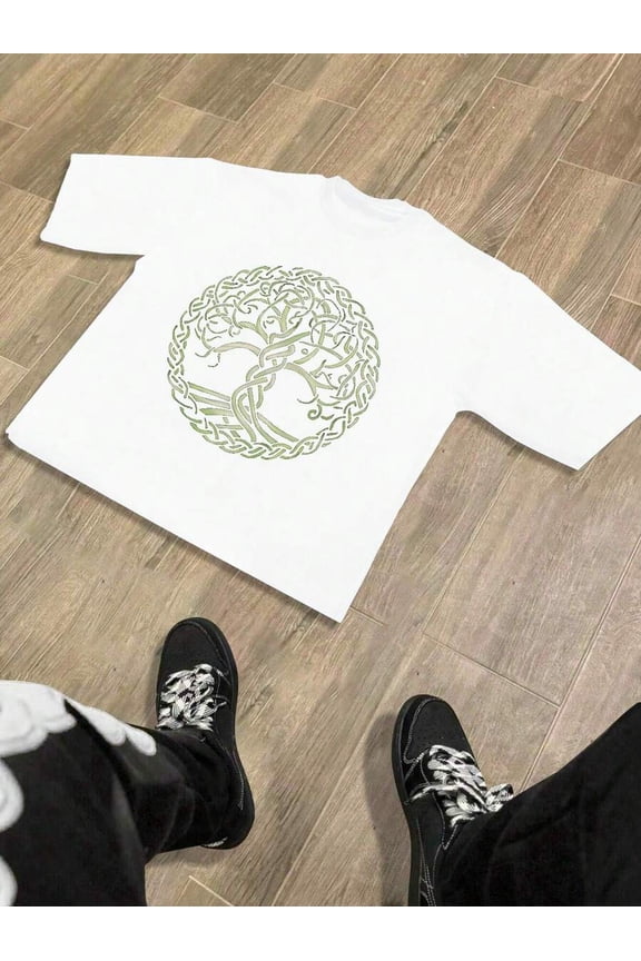 White Mystical Celtic Tree Of Life Pure Cotton Mens Crew Neck T-Shirt Comfort Fit