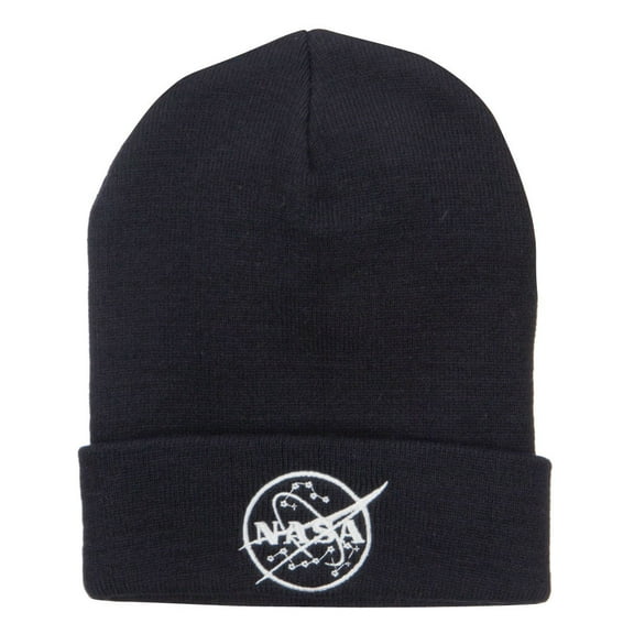 White NASA Logo Embroidered Long Beanie - Black OSFM