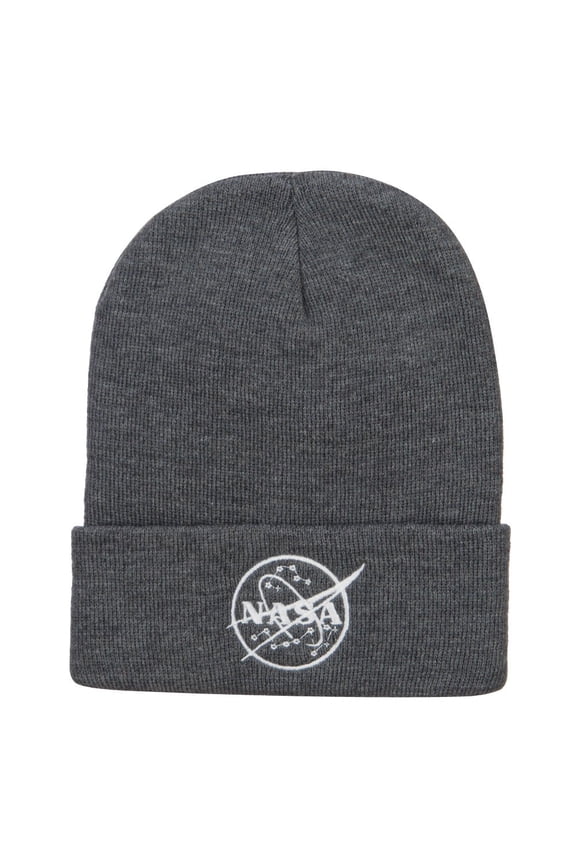 White NASA Logo Embroidered Long Beanie - Grey OSFM