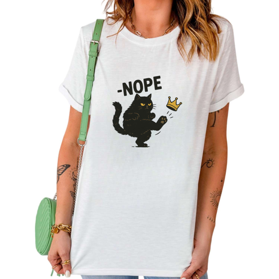 White NOPE Black Cat Kicking Crown Funny Graphic Print Tshirt Graphic Tees Shirts Sassy Casual Tops S-5XL