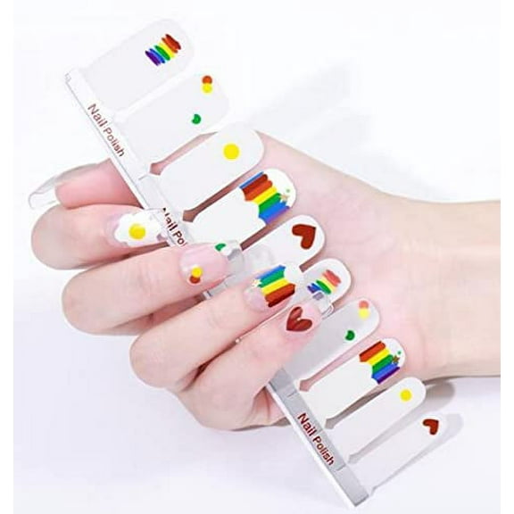 White Nail wrap Featuring Different Rainbow Color Paint Splatter Along with dots and Hearts - Pride - Joy - Red - Blue - Green
