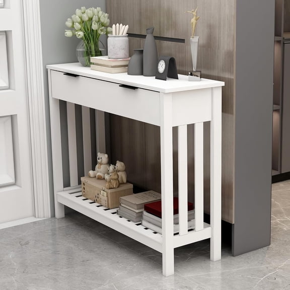 White Narrow Console Table with Storage Modern Entryway Table with Drawer Hallway Table Sofa Tables for Living Room, Entrance Tables for Front Door Corridor, Office, White