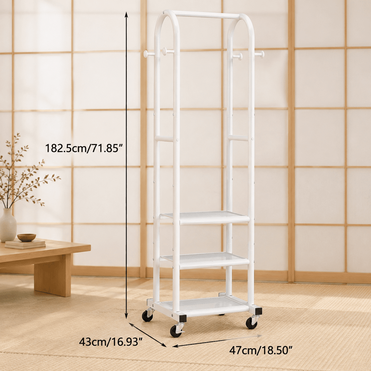 White Narrow Metal 3-in-1 Clothing Rack with Wheels and Storage Shelves ...
