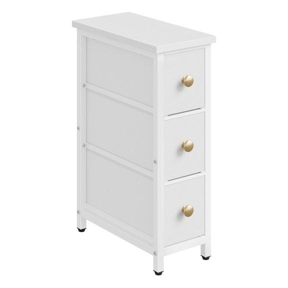 White Narrow Side Table With 3 Fabric Drawers For Small Spaces