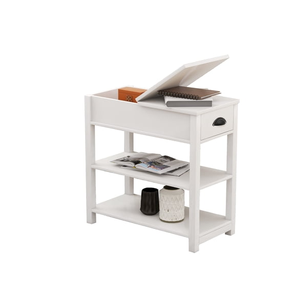 White Narrow Sided Table with Drawers and Bottom Partition Flip Over Design for Living Room, Bedroom, Office - MDF