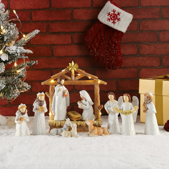 White Nativity Scene Set - 12-Piece Holy Family Figurine with Lighted Manger, Hand Painted Mini Decorative Religious Christmas Figurines, Nativity Sets Including Baby Jesus, Mary and Joseph
