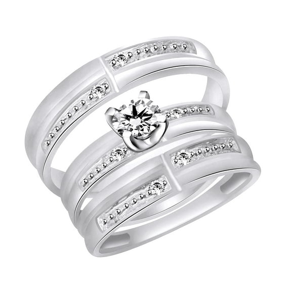 AFFY White Natural Diamond Accent Engagement & Wedding Trio Band Ring Set In 14k White Gold Over Sterling Silver (0.08 Cttw) Ring Size-13