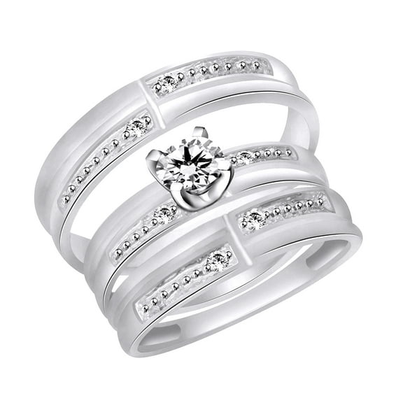 AFFY White Natural Diamond Accent Engagement & Wedding Trio Band Ring Set In 14k White Gold Over Sterling Silver (0.08 Cttw) Ring Size-4