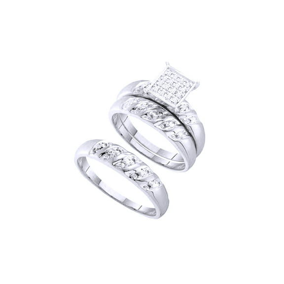 AFFY White Natural Diamond Accent Engagement & Wedding Cluster Trio Band Ring Set In 10k White Gold (0.08 Cttw)