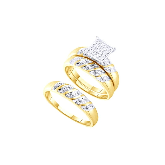AFFY White Natural Diamond Accent Engagement & Wedding Cluster Trio Band Ring Set In 10k Yellow Gold (0.08 Cttw)