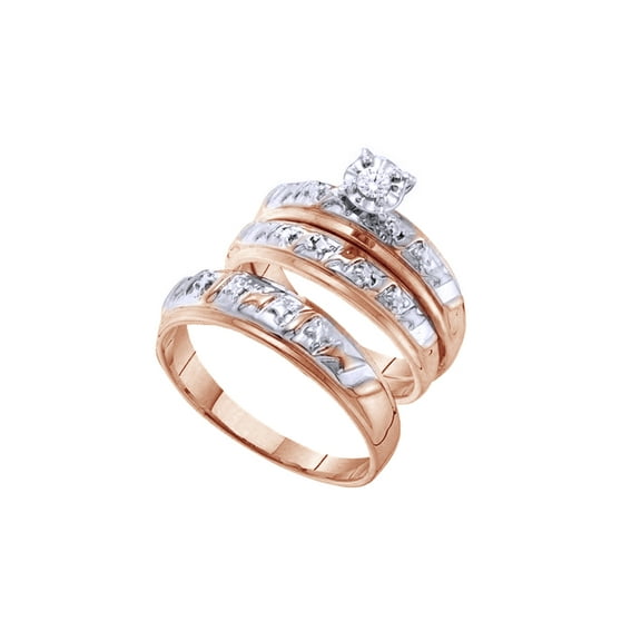 AFFY White Natural Diamond Accent Engagement & Wedding Trio Band Ring Set In 10k Rose Gold (0.08 Cttw)