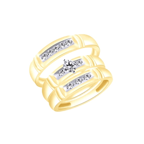 AFFY White Natural Diamond Accent Engagement & Wedding Trio Band Ring Set In 10k Yellow Gold (0.09 Cttw)
