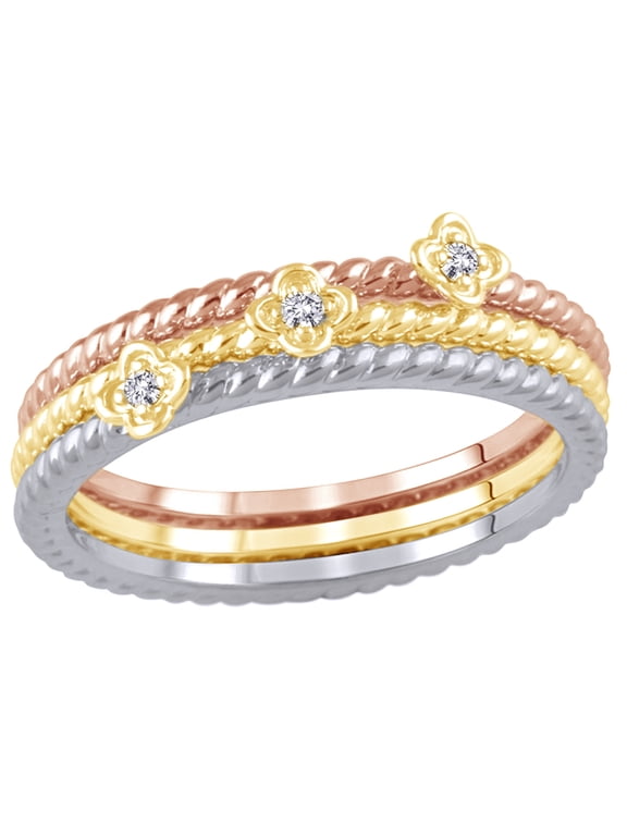 White Natural Diamond Accent Rope Textured Flower Stackable Three Ring Set in 10K Tri-Tone Solid Gold