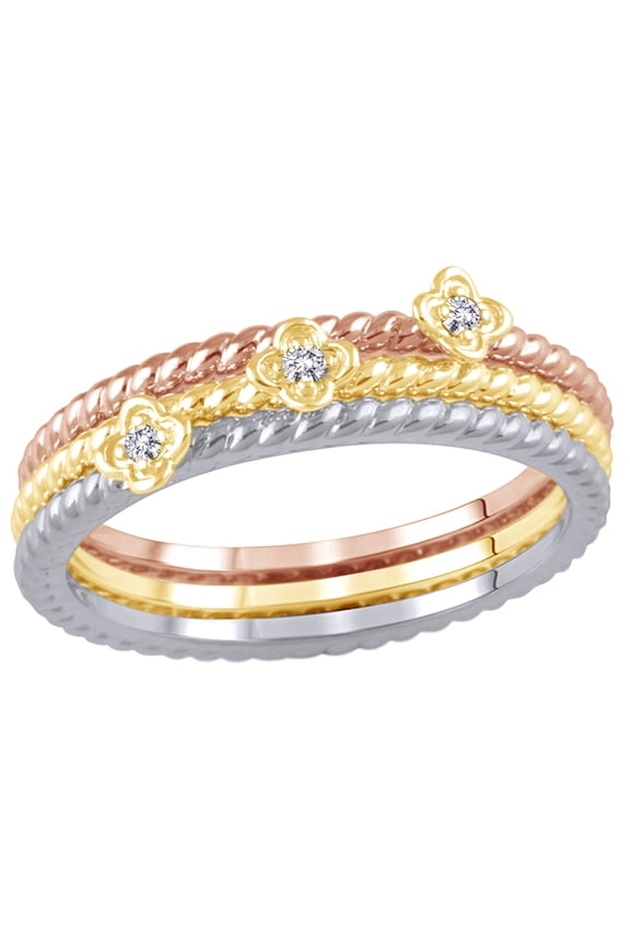 White Natural Diamond Accent Rope Textured Flower Stackable Three Ring Set in 10K Tri-Tone Solid Gold