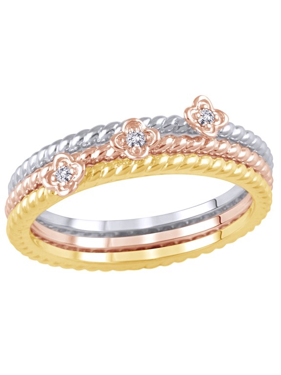 White Natural Diamond Accent Rope Textured Flower Stackable Three Ring Set in 10K Tri-Tone Solid Gold