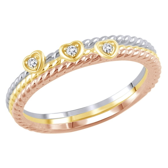 AFFY White Natural Diamond Accent Rope Textured Heart Stackable Three Ring Set in 10K Tri-Tone Solid Gold By