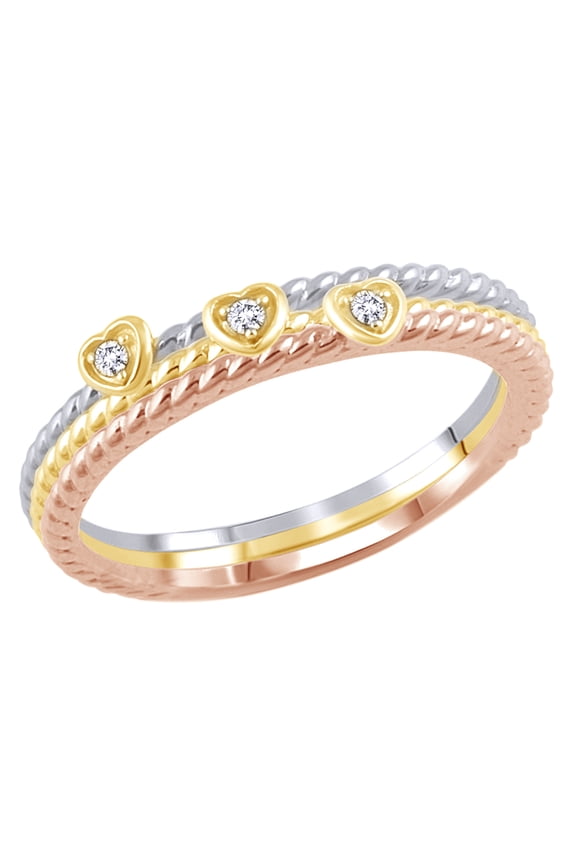 White Natural Diamond Accent Rope Textured Heart Stackable Three Ring Set in 10K Tri-Tone Solid Gold