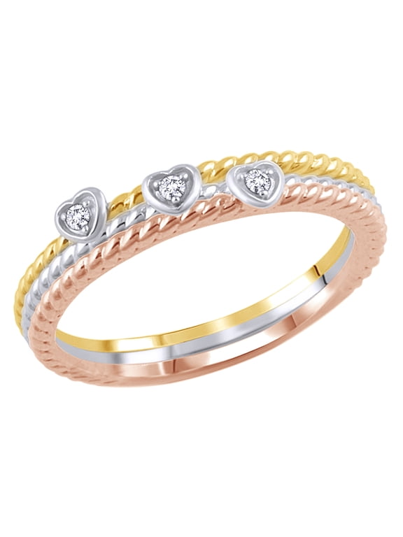 White Natural Diamond Accent Rope Textured Heart Stackable Three Ring Set in 10K Tri-Tone Solid Gold
