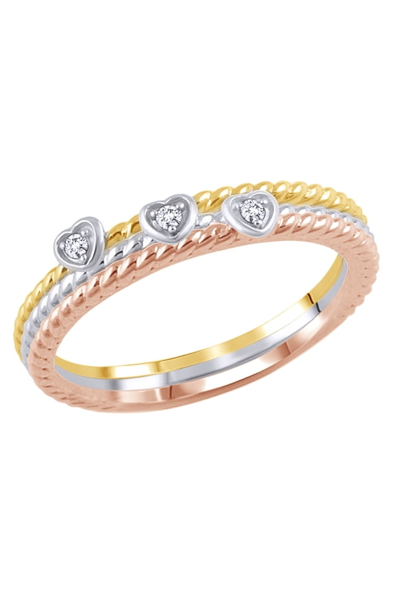 White Natural Diamond Accent Rope Textured Heart Stackable Three Ring Set in 10K Tri-Tone Solid Gold