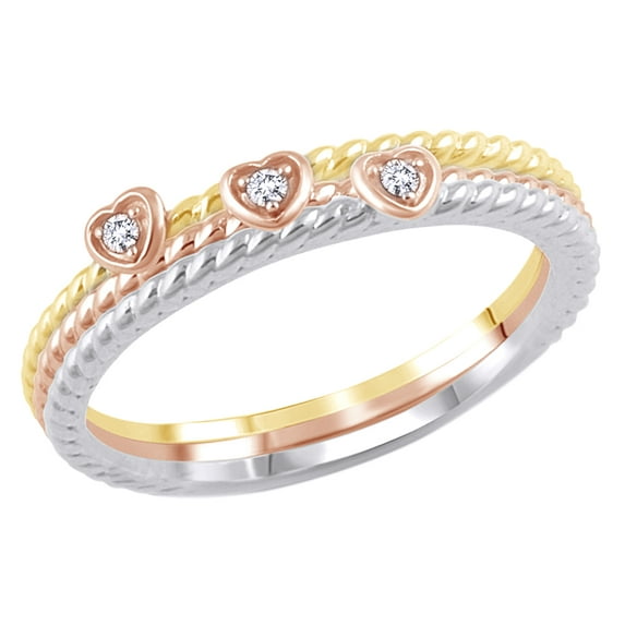 AFFY White Natural Diamond Accent Rope Textured Heart Stackable Three Ring Set in 10K Tri-Tone Solid Gold
