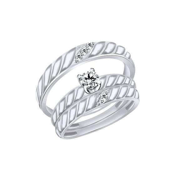 AFFY White Natural Diamond Accent Wedding Trio Band Ring Set In 10k White Gold (0.04 Cttw)