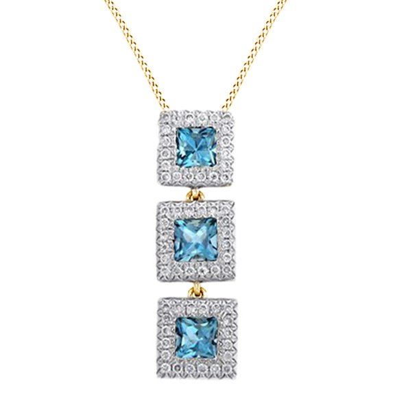 AFFY White Natural Diamond Accents & Simulated Aquamarine Journey Pendant Necklace In 14k Yellow Gold