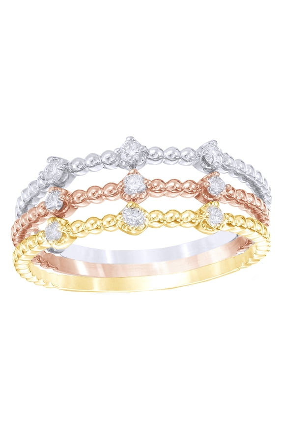 White Natural Diamond Beaded Stackable Three Ring Set in 10k Tri-Tone Rose Gold