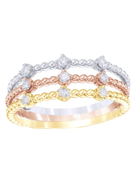 White Natural Diamond Beaded Stackable Three Ring Set in 10k Tri-Tone Rose Gold