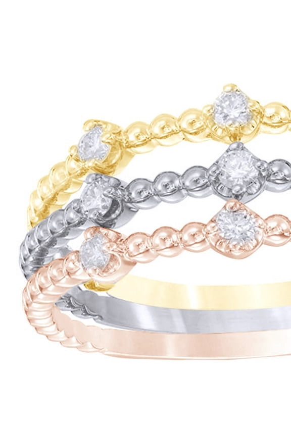 White Natural Diamond Beaded Stackable Three Ring Set in 10k Tri-Tone Solid Gold