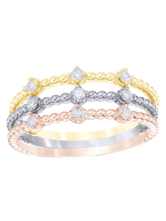 White Natural Diamond Beaded Stackable Three Ring Set in 10k Tri-Tone White Gold