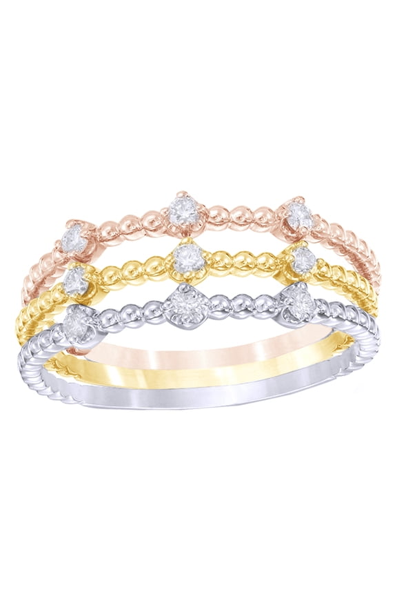White Natural Diamond Beaded Stackable Three Ring Set in 10k Tri-Tone Yellow Gold