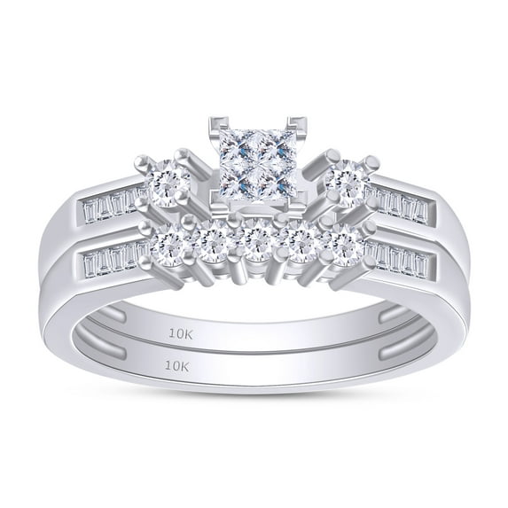AFFY White Natural Diamond Bridal Ring Set In 10k White Gold (0.5 Cttw)