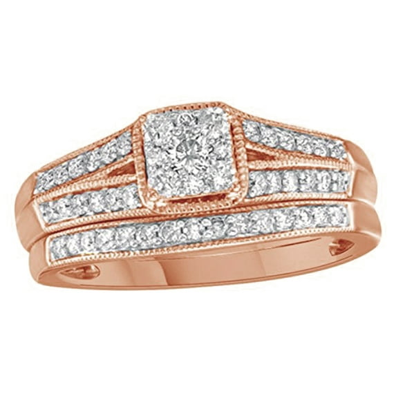 AFFY White Natural Diamond Bridal Set Ring In 10k Rose Gold (0.5 Cttw)