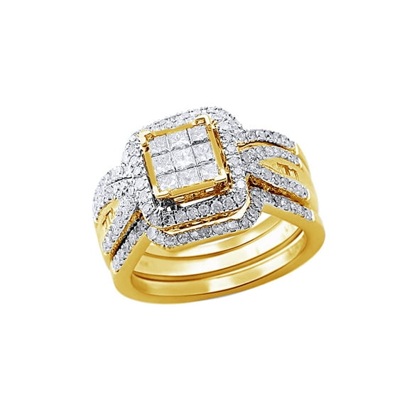 AFFY White Natural Diamond Bridal Set Ring In 10k Yellow Gold (1 Cttw)