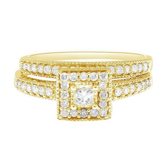 AFFY White Natural Diamond Bridal Solitaire Halo Band Ring In 10k Yellow Gold (0.55 Cttw)