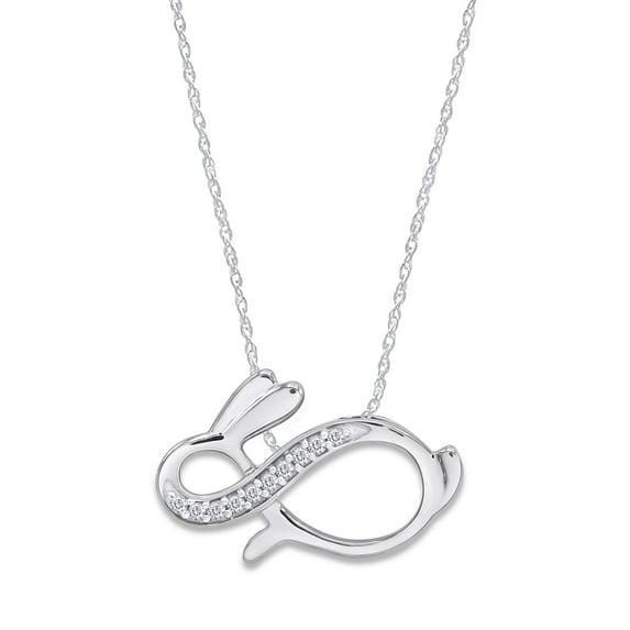AFFY White Natural Diamond Bunny Infinity Pendant Necklace in 14k White Gold Over Sterling Silver (0.1 Ct)