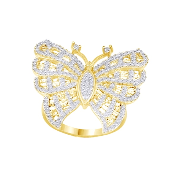 AFFY White Natural Diamond Butterfly Ring In 14k Yellow Gold Over Sterling Silver (1.4 Cttw)