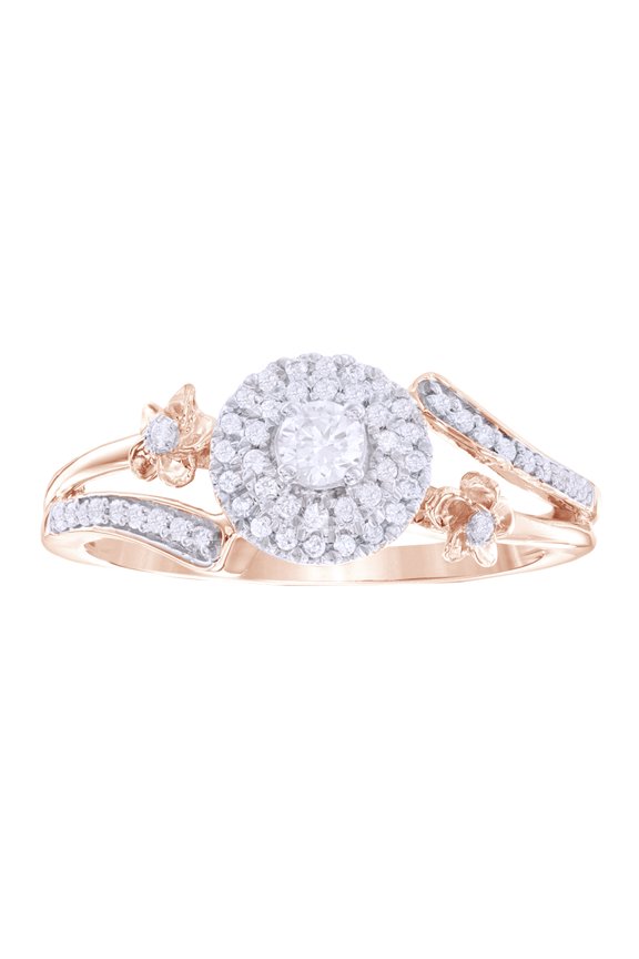 White Natural Diamond Bypass Split Shank Flower Ring in 10k Rose Gold