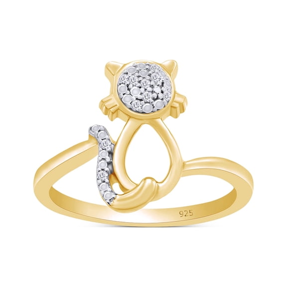 AFFY White Natural Diamond Cat Fashion Ring In 14k Yellow Gold Over Sterling Silver (0.05 Cttw)