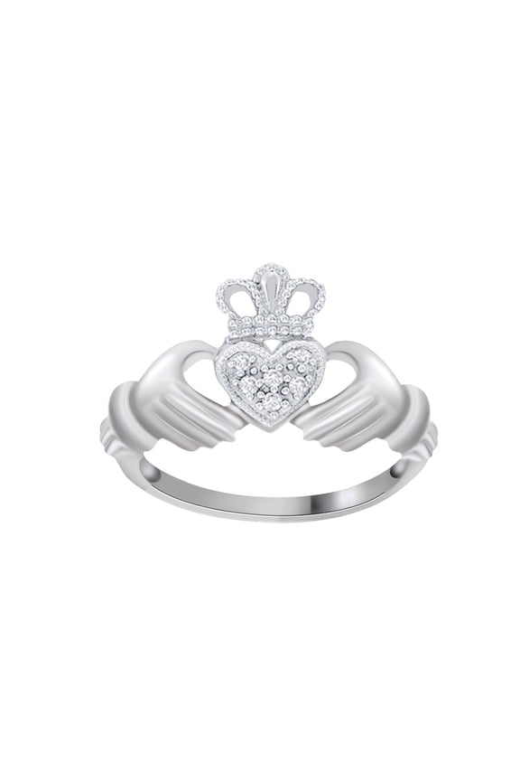 White Natural Diamond Claddagh Ring In 10k White Gold