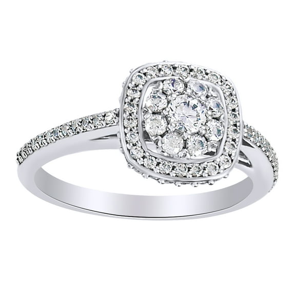 AFFY White Natural Diamond Cluster Cushion Style Engagement Ring In 14K White Gold (0.5 Cttw)