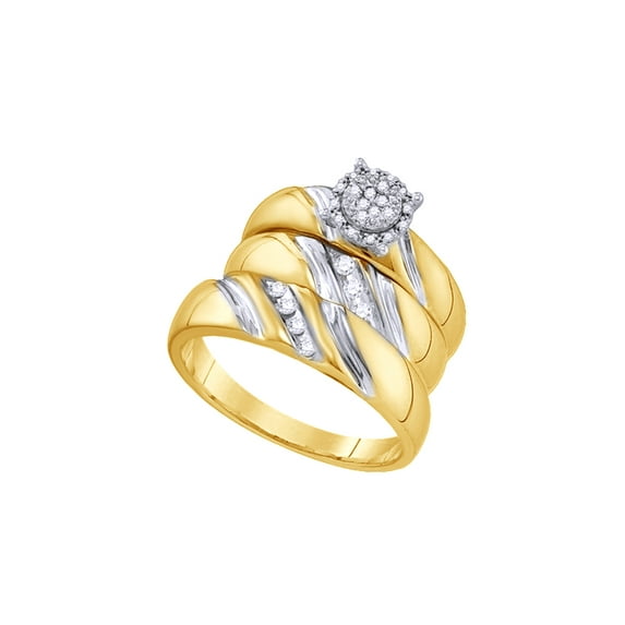 AFFY White Natural Diamond Cluster Engagement & Wedding Trio Band Ring Set In 10k Yellow Gold (0.2 Cttw)