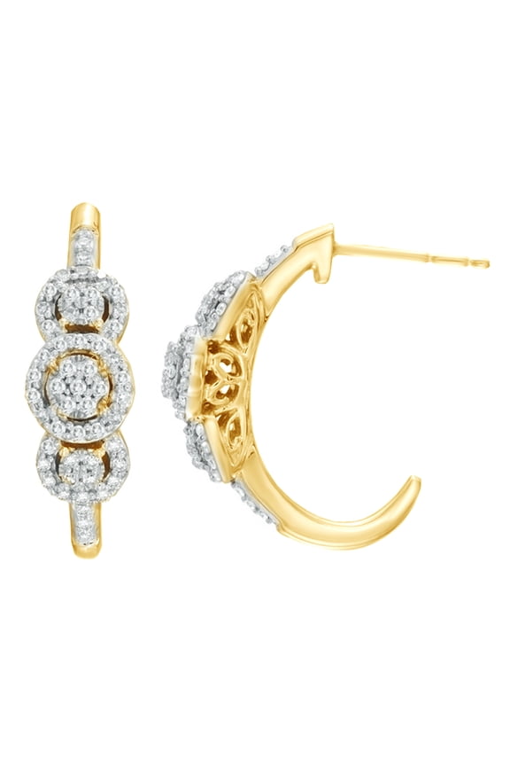 White Natural Diamond Cluster Frame J-Hoop Earrings in 10K Yellow Gold (0.33 Cttw )
