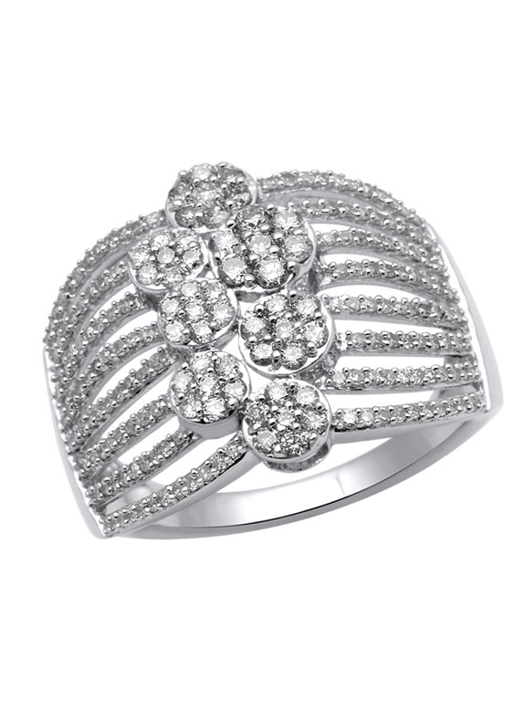 White Natural Diamond Cluster Linear Orbit Ring in 10K Solid Gold (1 cttw)